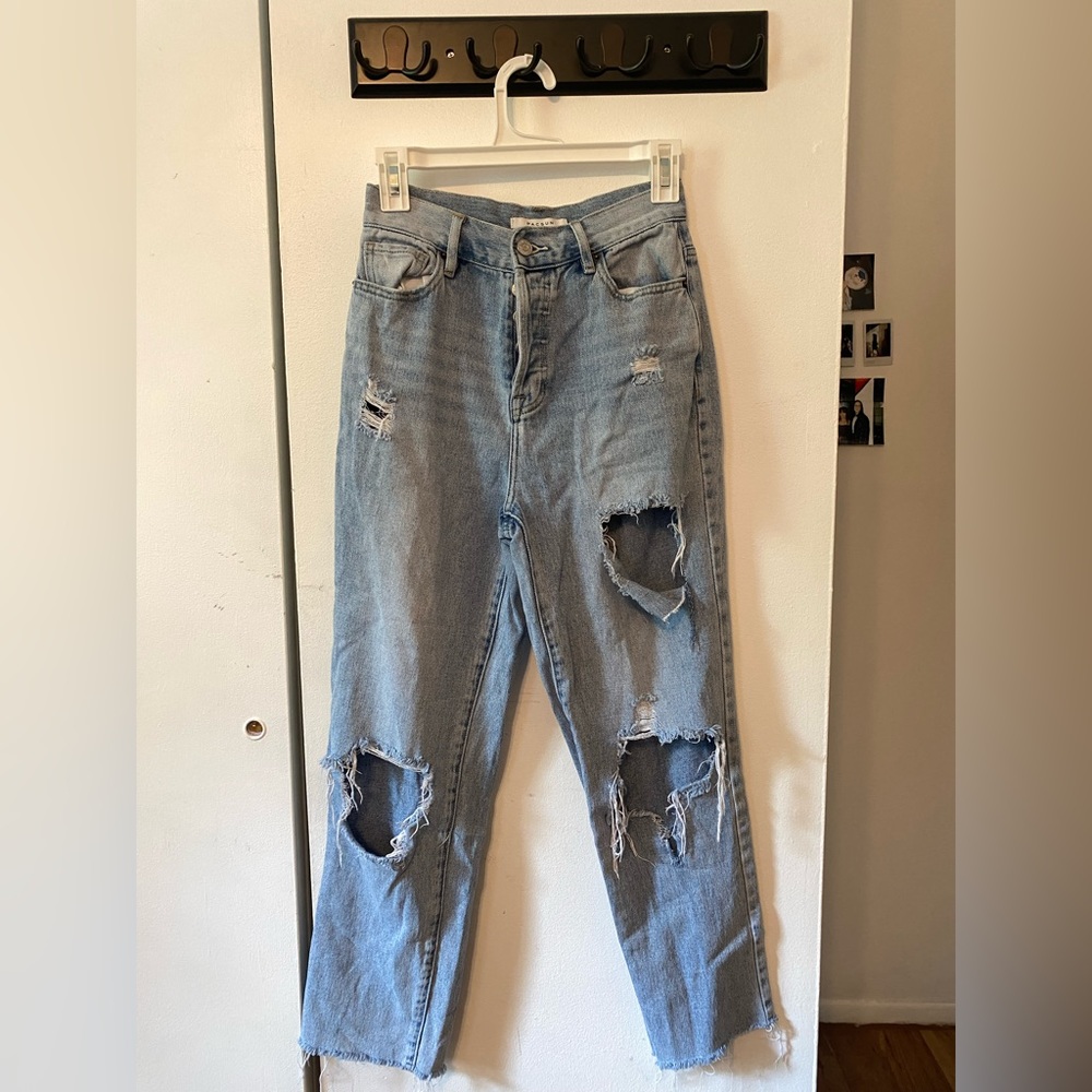 PACSUN High Rise Straight Light Blue Ripped Boyfriend Jeans